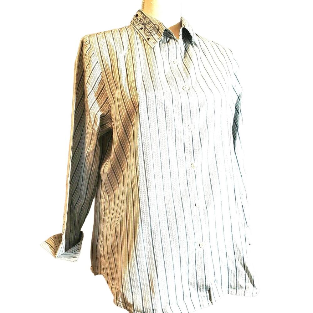 Tommy Bahama Blue Striped Top Size 14 Embroidered Silk Cotton Blend Soft Chic